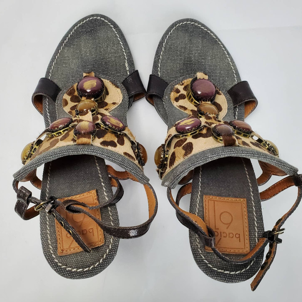 Bacio 61 Italian Leather Sling Back Sandals Size 9 Jewel Top Leopard Stack Heel - Picture 7 of 11